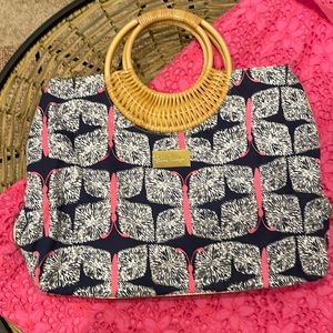 LILLY PULITZER Butterfly Purse Handbag Bamboo Wicker Handles Navy Blue and Pink